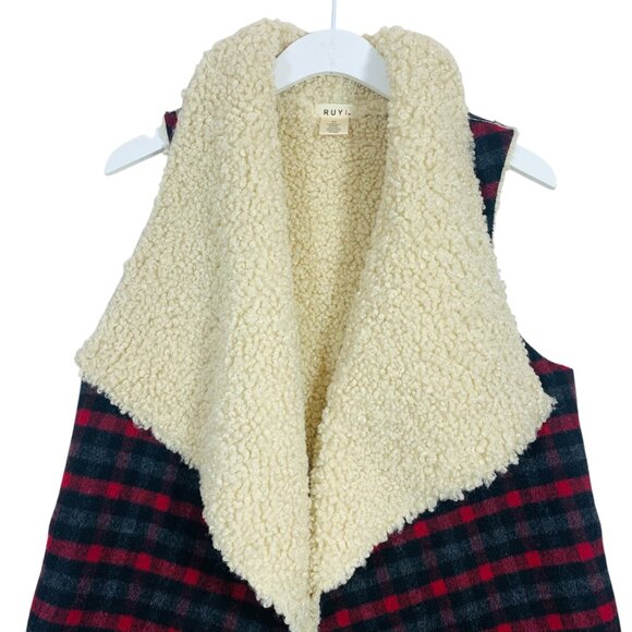 RUYI Sherpa Lined Open Front Plaid Vest One Size - Picture 13 of 16